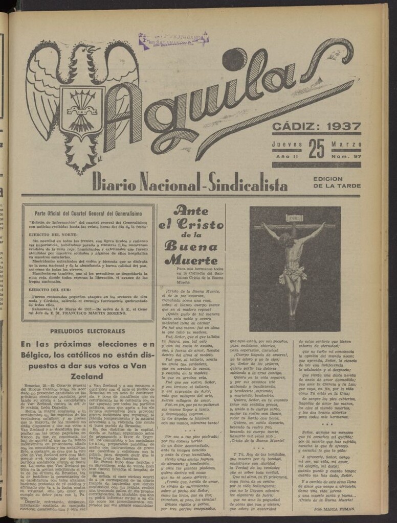 Miniatura de Águilas: Diario Nacional-Sindicalista del 25 de marzo de 1937, nº 97