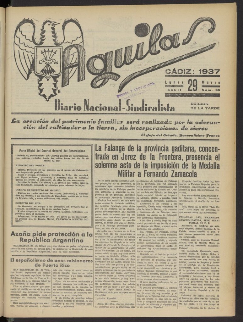 Miniatura de Águilas: Diario Nacional-Sindicalista del 29 de marzo de 1937, nº 99