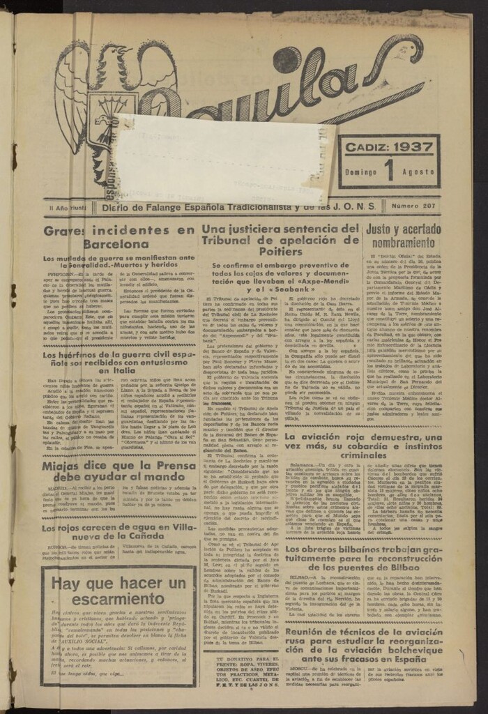 Miniatura de Águilas: Diario Nacional-Sindicalista del 1 de agosto de 1937, nº 207