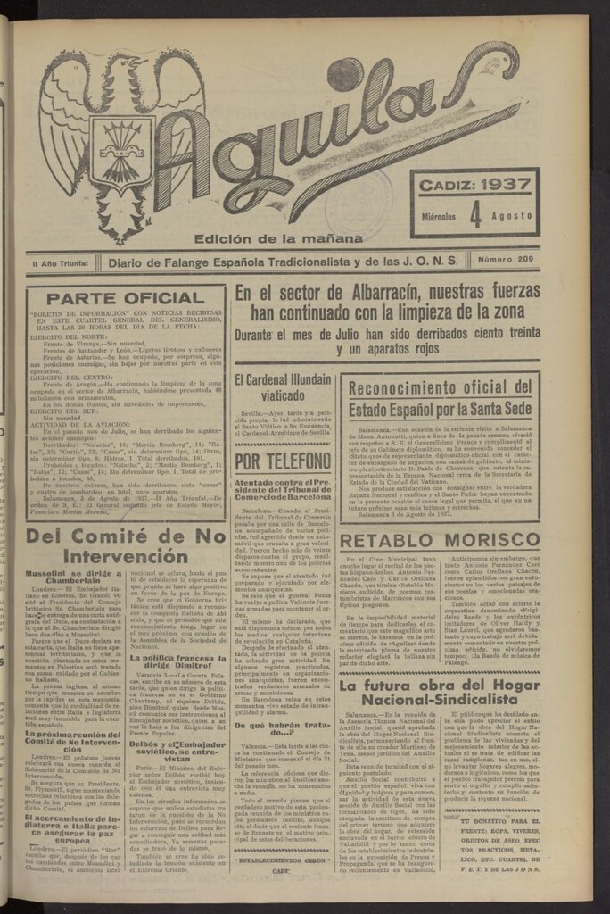 Miniatura de Águilas: Diario Nacional-Sindicalista del 4 de agosto de 1937, nº 209