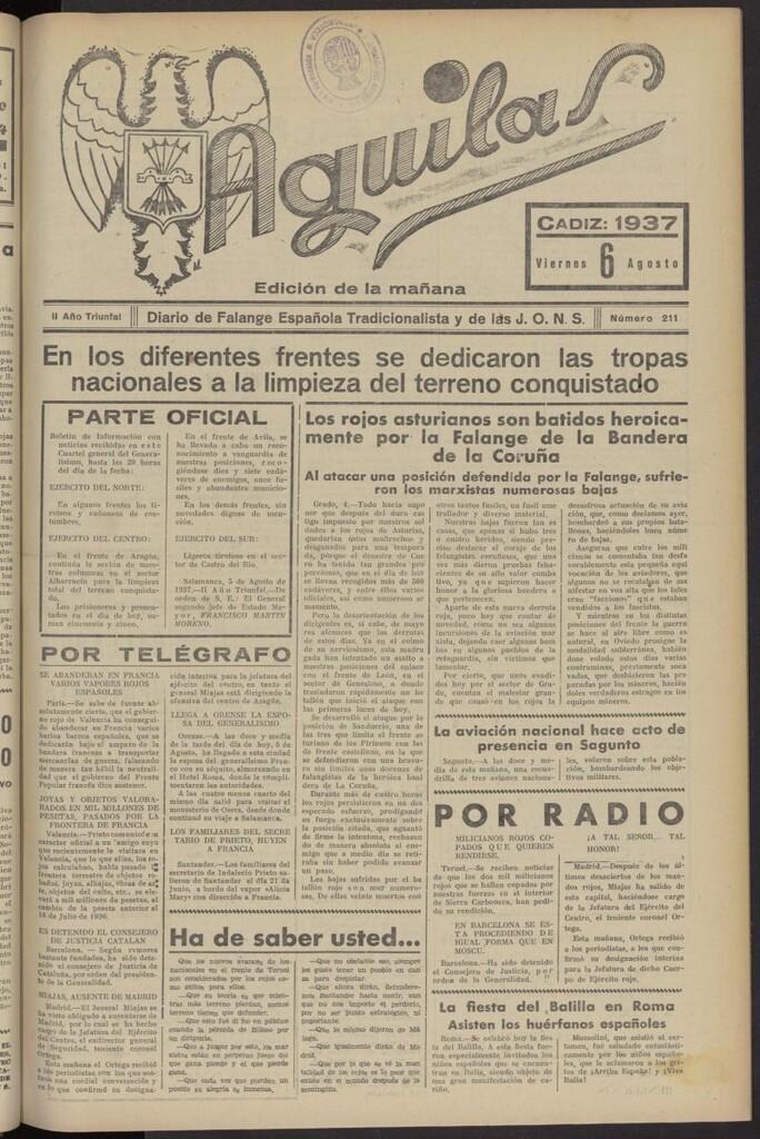 Miniatura de Águilas: Diario Nacional-Sindicalista del 6 de agosto de 1937, nº 211