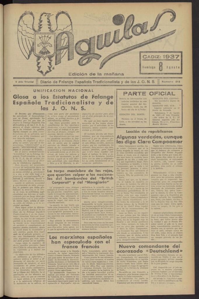 Miniatura de Águilas: Diario Nacional-Sindicalista del 8 de agosto de 1937, nº 213