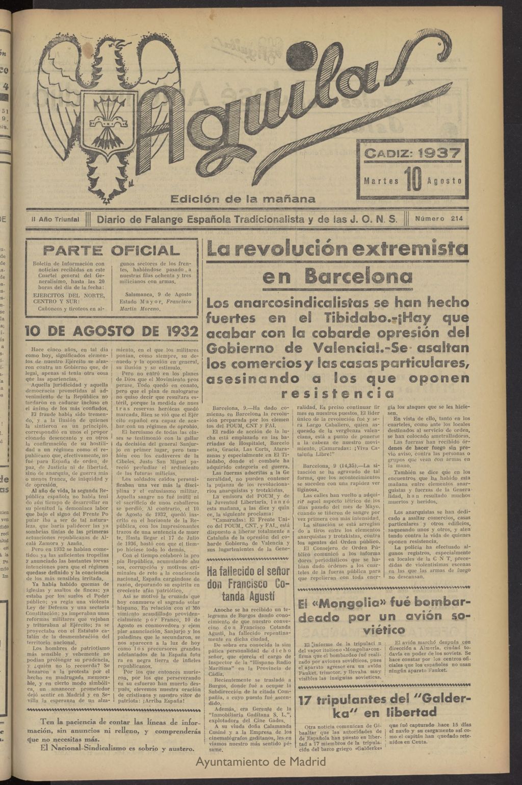 Miniatura de Águilas: Diario Nacional-Sindicalista del 10 de agosto de 1937, nº 214