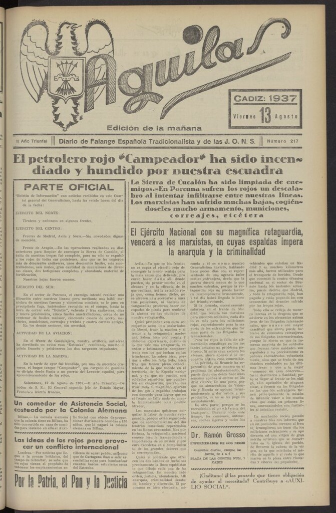 Miniatura de Águilas: Diario Nacional-Sindicalista del 13 de agosto de 1937, nº 217