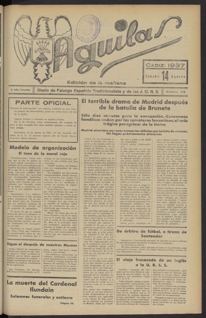 Miniatura de Águilas: Diario Nacional-Sindicalista del 14 de agosto de 1937, nº 218