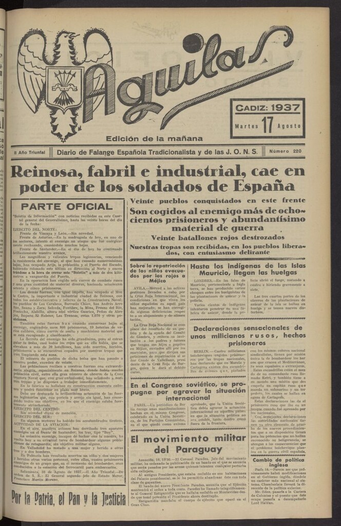 Miniatura de Águilas: Diario Nacional-Sindicalista del 17 de agosto de 1937, nº 220