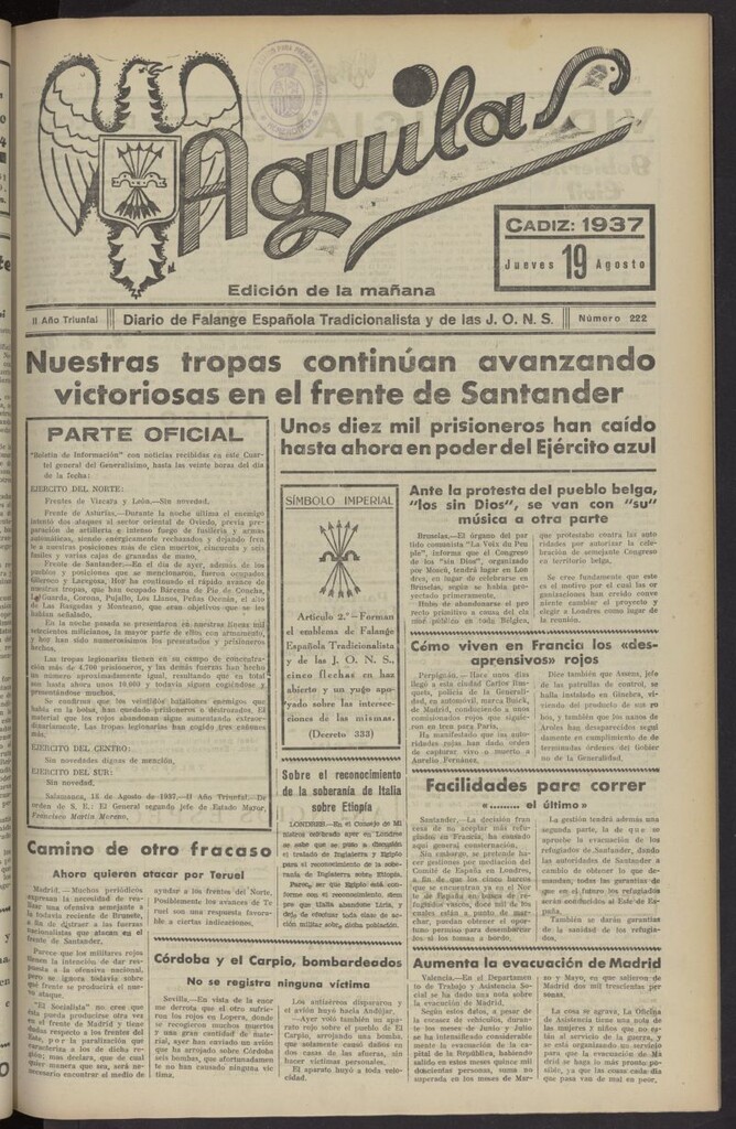Miniatura de Águilas: Diario Nacional-Sindicalista del 19 de agosto de 1937, nº 222