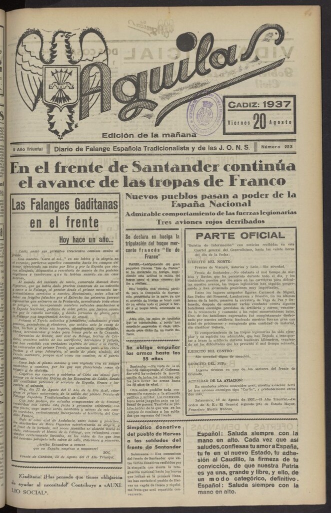Miniatura de Águilas: Diario Nacional-Sindicalista del 20 de agosto de 1937, nº 223