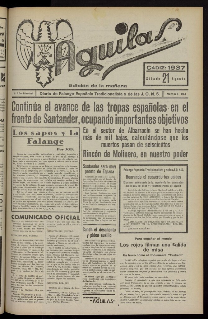 Miniatura de Águilas: Diario Nacional-Sindicalista del 21 de agosto de 1937, nº 224