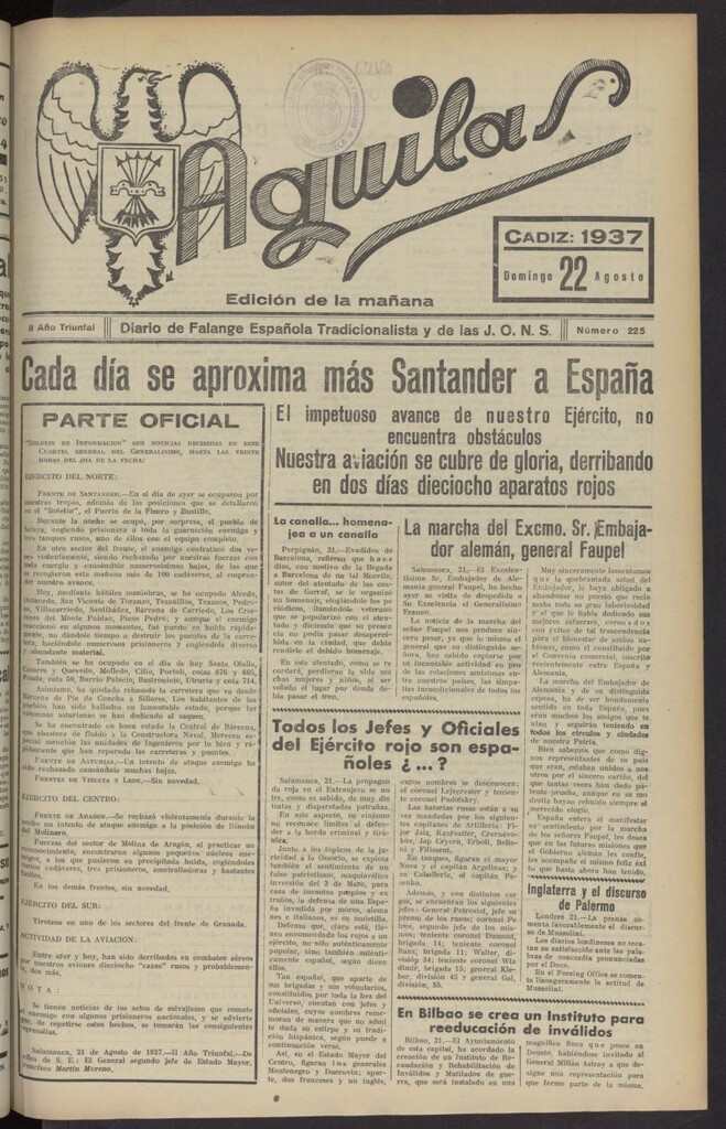Miniatura de Águilas: Diario Nacional-Sindicalista del 22 de agosto de 1937, nº 225