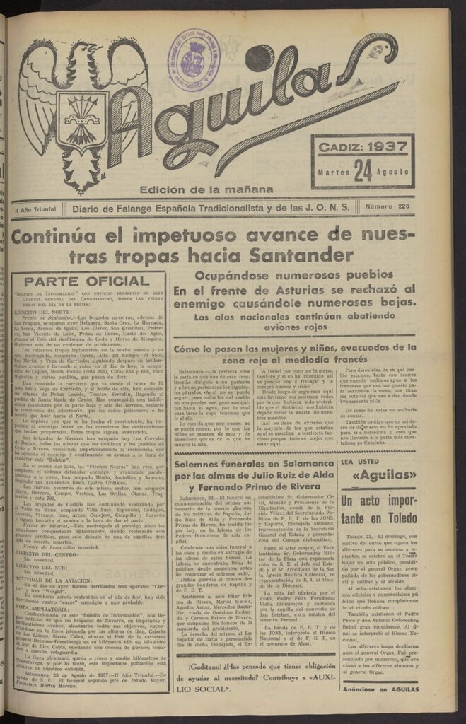 Miniatura de Águilas: Diario Nacional-Sindicalista del 24 de agosto de 1937, nº 226