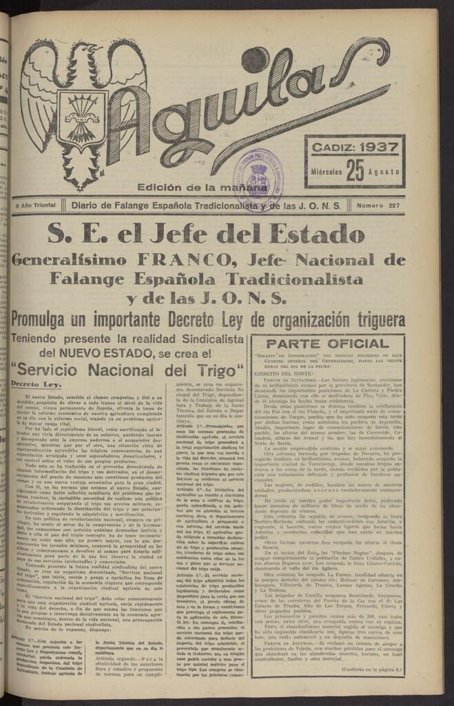 Miniatura de Águilas: Diario Nacional-Sindicalista del 25 de agosto de 1937, nº 227
