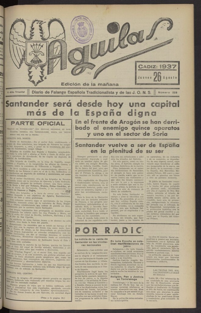 Miniatura de Águilas: Diario Nacional-Sindicalista del 26 de agosto de 1937, nº 228