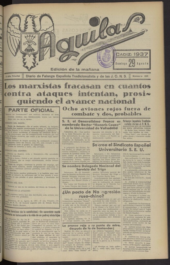 Miniatura de Águilas: Diario Nacional-Sindicalista del 29 de agosto de 1937, nº 231
