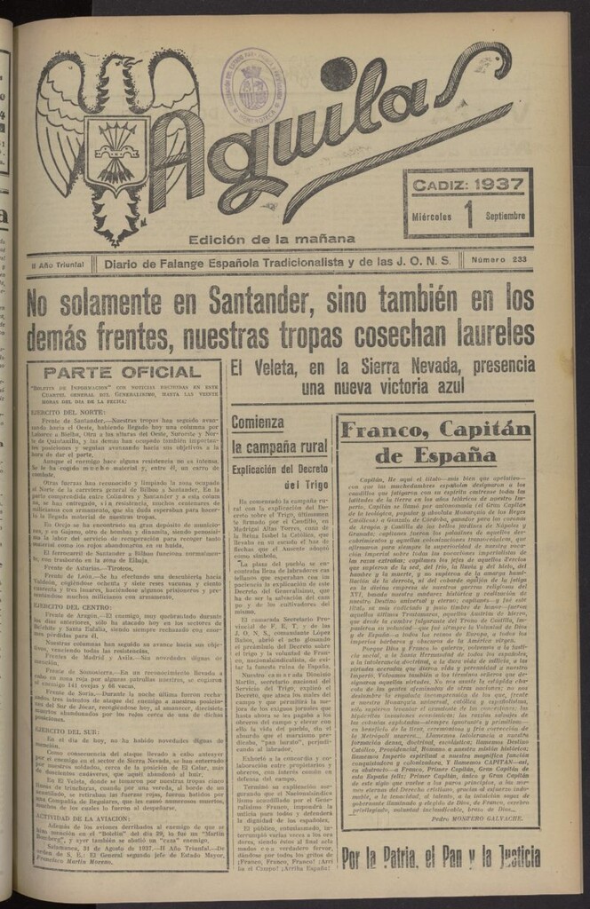 Miniatura de Águilas: Diario Nacional-Sindicalista del 1 de septiembre de 1937, nº 233