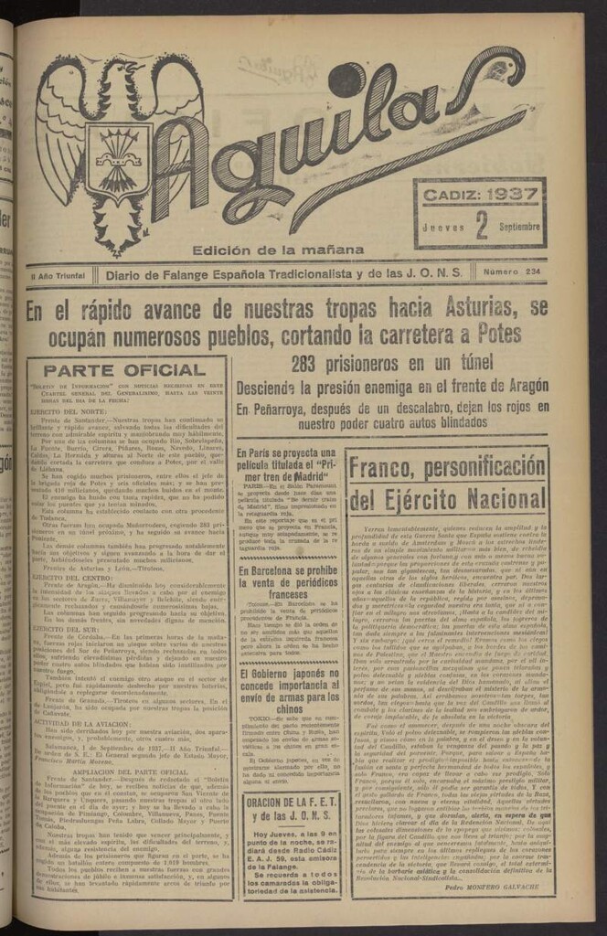 Miniatura de Águilas: Diario Nacional-Sindicalista del 2 de septiembre de 1937, nº 234