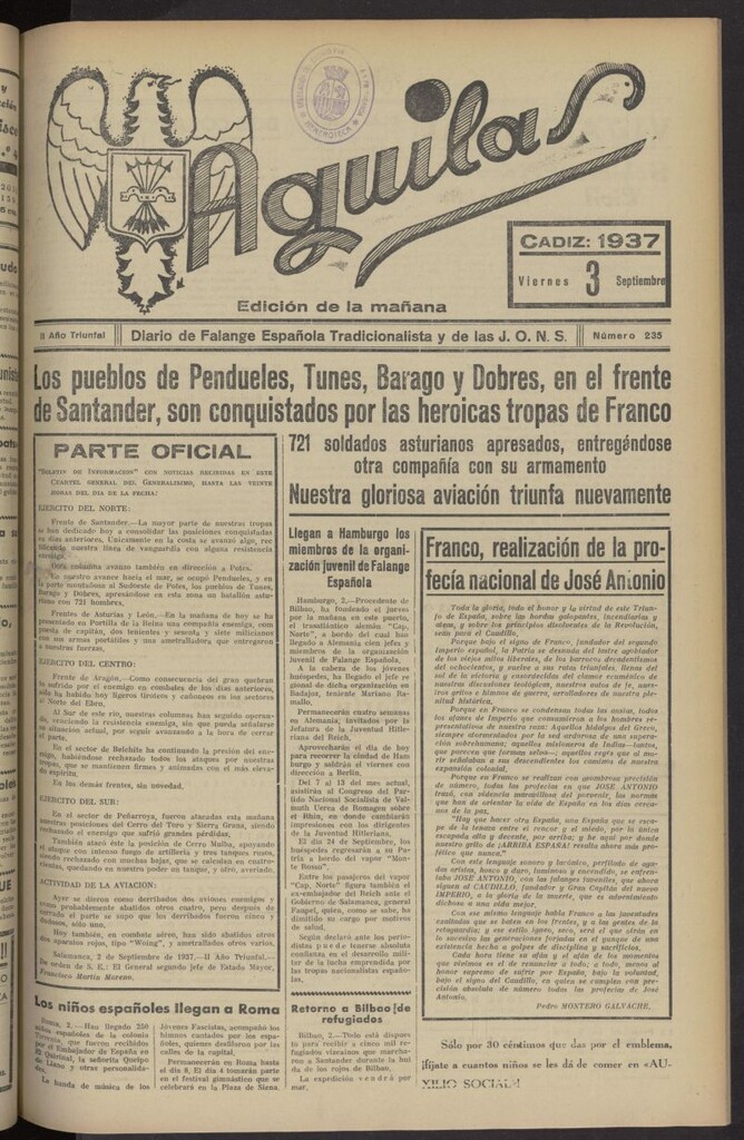 Miniatura de Águilas: Diario Nacional-Sindicalista del 3 de septiembre de 1937, nº 235