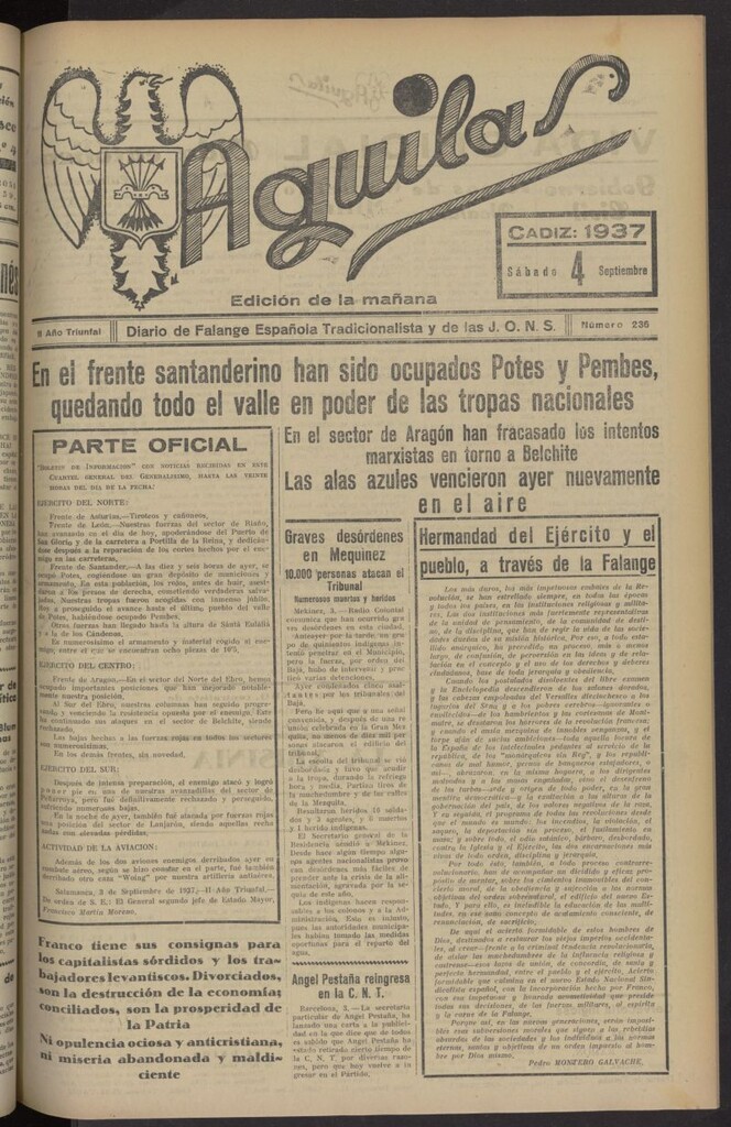 Miniatura de Águilas: Diario Nacional-Sindicalista del 4 de septiembre de 1937, nº 236