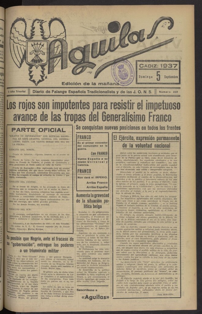 Miniatura de Águilas: Diario Nacional-Sindicalista del 5 de septiembre de 1937, nº 237