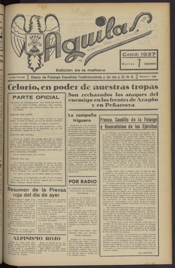 Miniatura de Águilas: Diario Nacional-Sindicalista del 7 de septiembre de 1937, nº 238