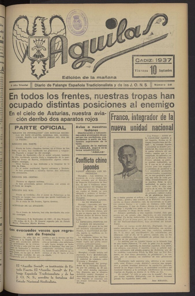 Miniatura de Águilas: Diario Nacional-Sindicalista del 10 de septiembre de 1937, nº 241