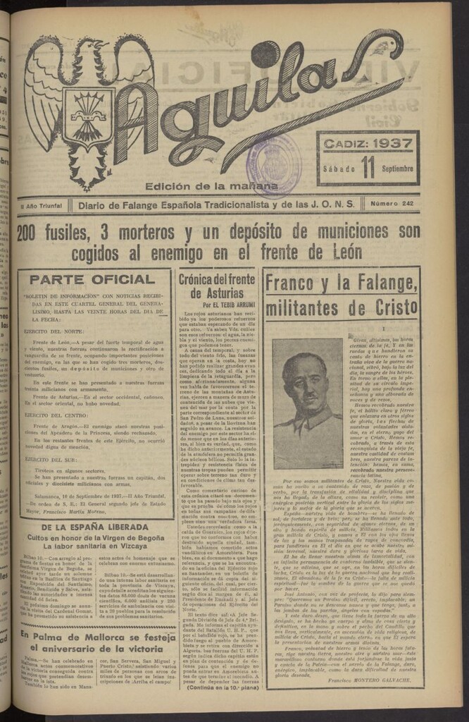 Miniatura de Águilas: Diario Nacional-Sindicalista del 11 de septiembre de 1937, nº 242