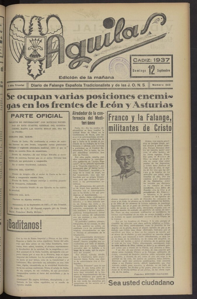 Miniatura de Águilas: Diario Nacional-Sindicalista del 12 de septiembre de 1937, nº 243