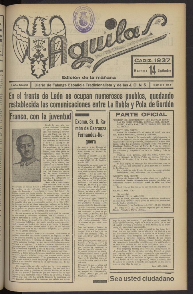 Miniatura de Águilas: Diario Nacional-Sindicalista del 14 de septiembre de 1937, nº 244