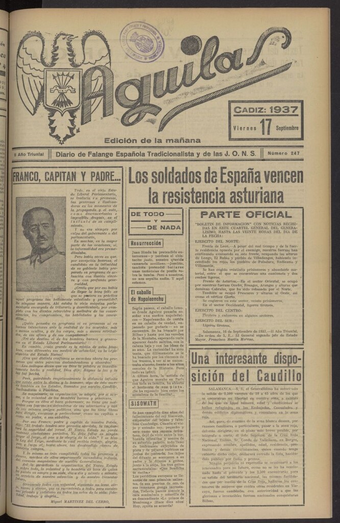Miniatura de Águilas: Diario Nacional-Sindicalista del 17 de septiembre de 1937, nº 247