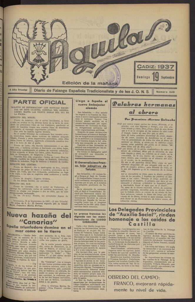 Miniatura de Águilas: Diario Nacional-Sindicalista del 19 de septiembre de 1937, nº 249