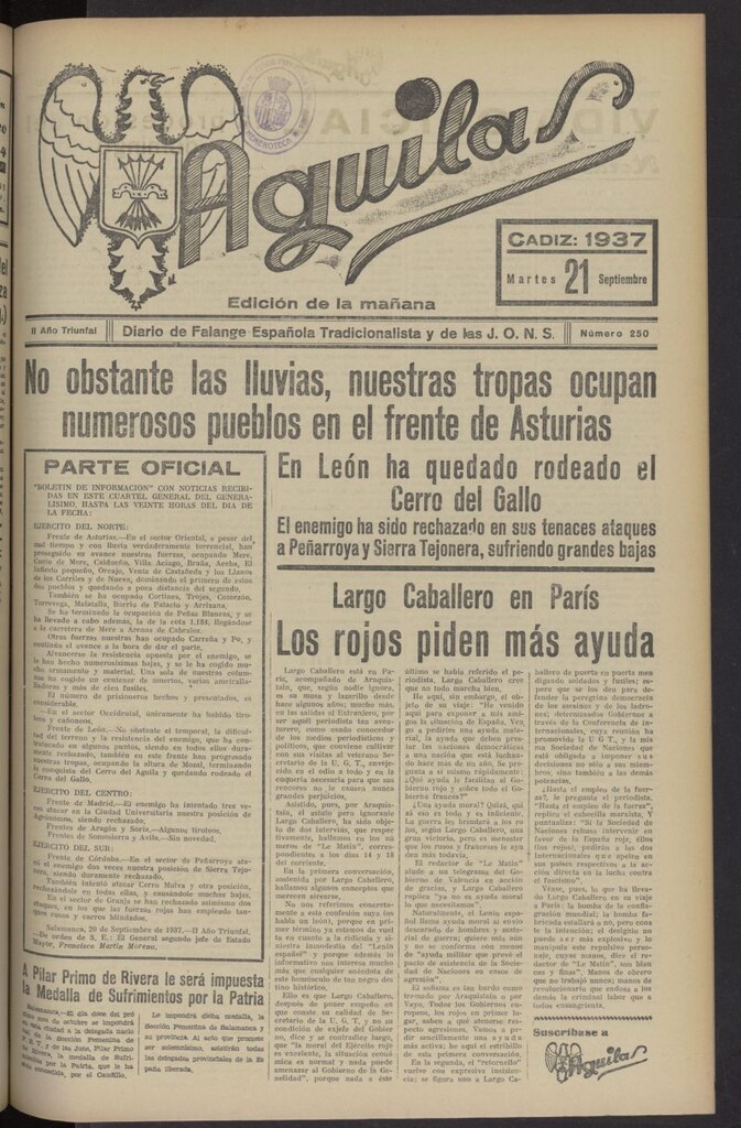Miniatura de Águilas: Diario Nacional-Sindicalista del 21 de septiembre de 1937, nº 250
