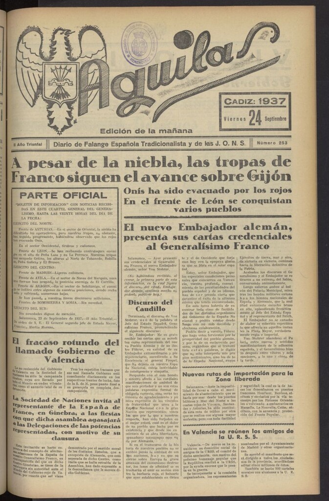 Miniatura de Águilas: Diario Nacional-Sindicalista del 24 de septiembre de 1937, nº 253