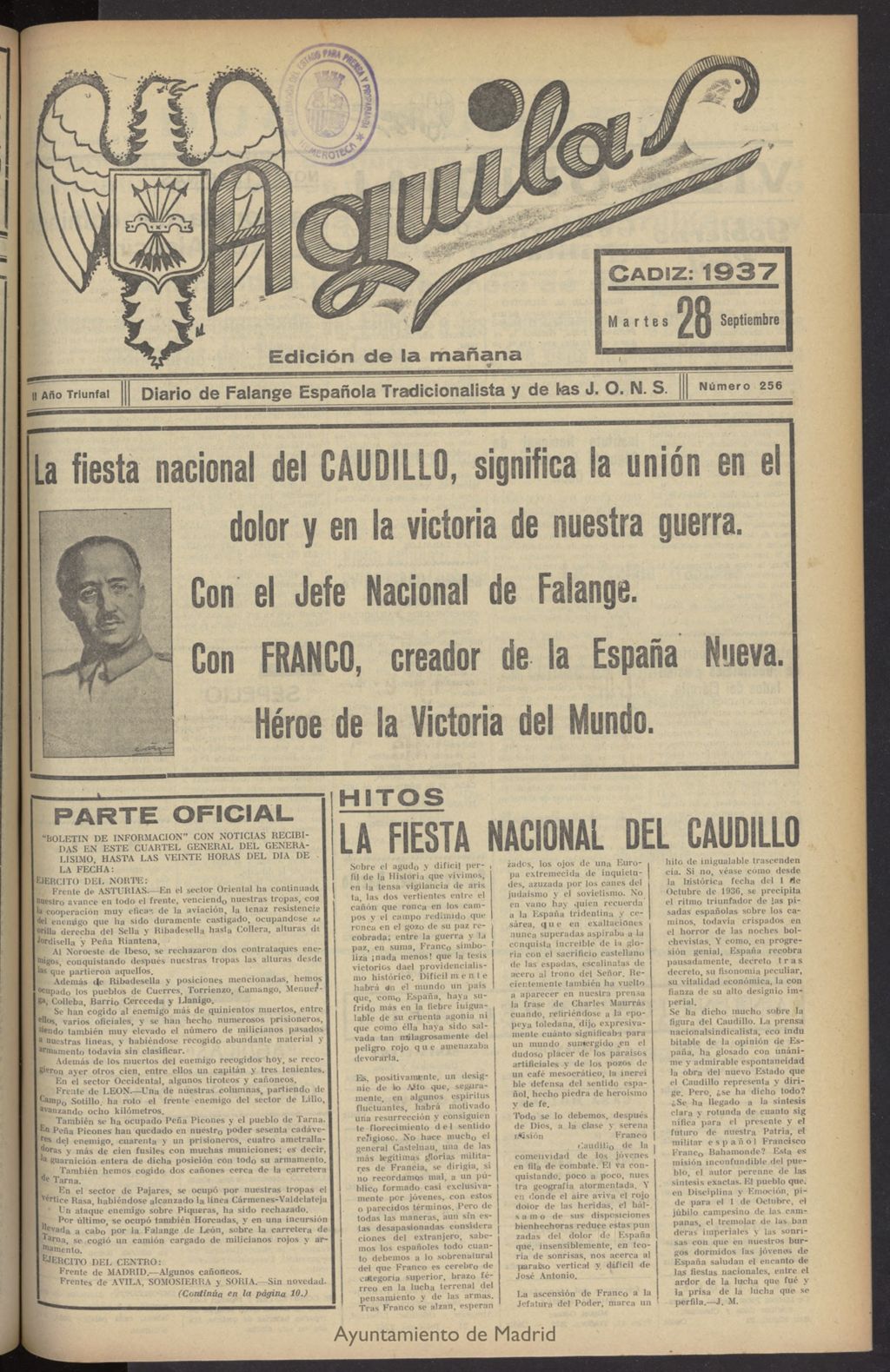 Miniatura de Águilas: Diario Nacional-Sindicalista del 28 de septiembre de 1937, nº 256