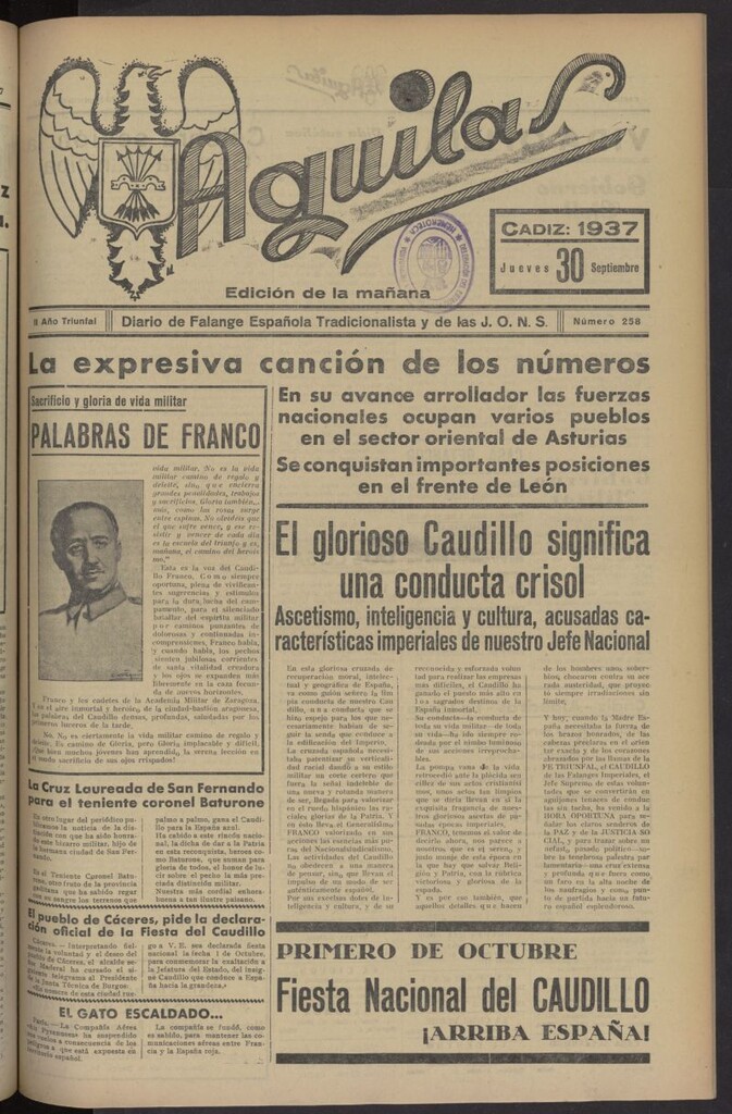 Miniatura de Águilas: Diario Nacional-Sindicalista del 30 de septiembre de 1937, nº 258