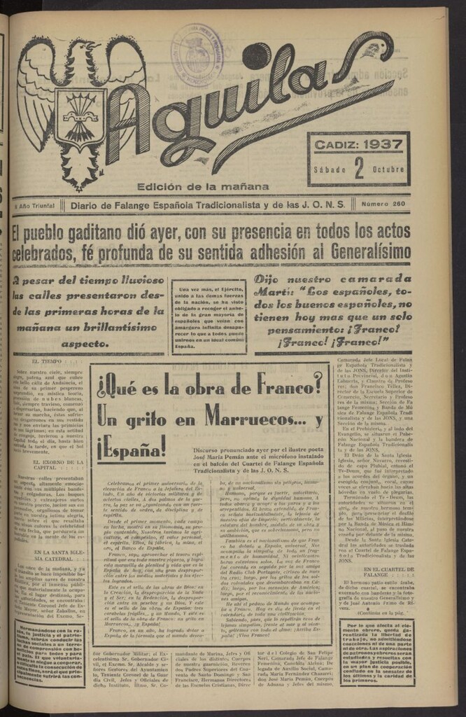 Miniatura de Águilas: Diario Nacional-Sindicalista del 2 de octubre de 1937, nº 260