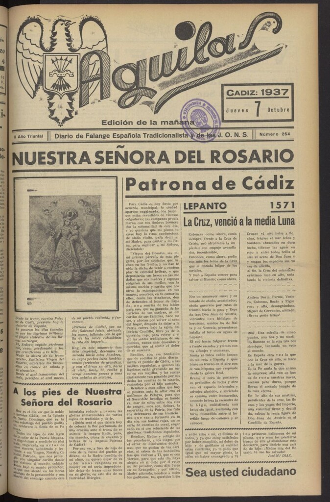 Miniatura de Águilas: Diario Nacional-Sindicalista del 7 de octubre de 1937, nº 264