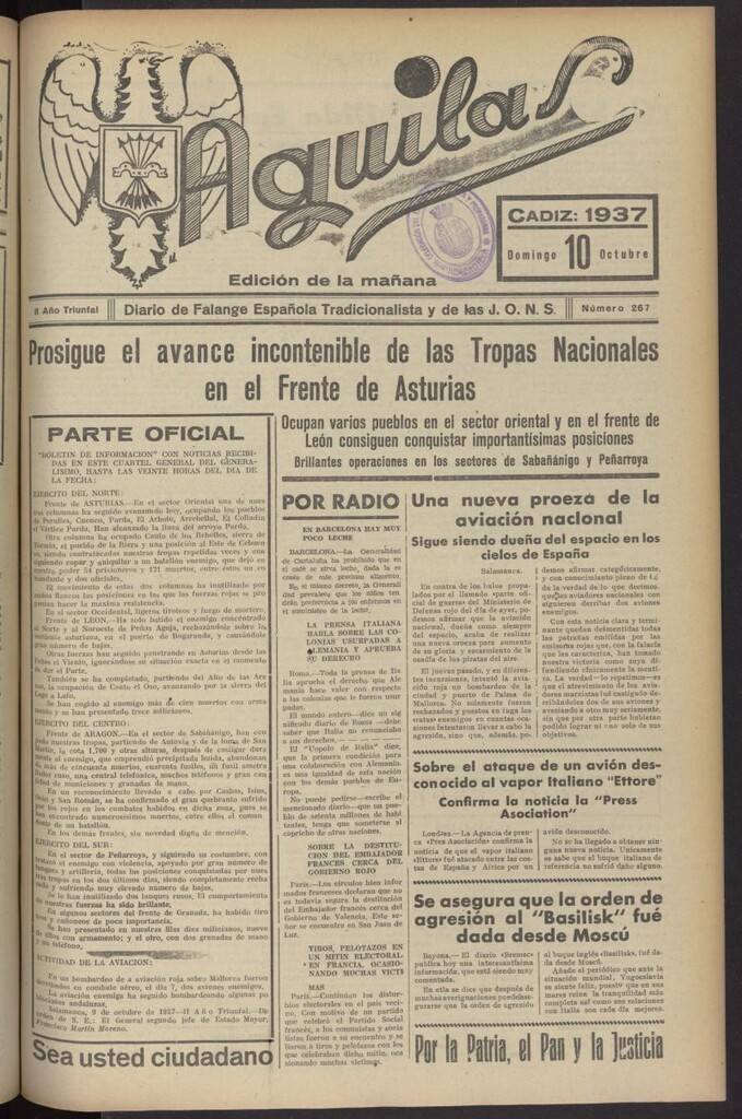 Miniatura de Águilas: Diario Nacional-Sindicalista del 10 de octubre de 1937, nº 267