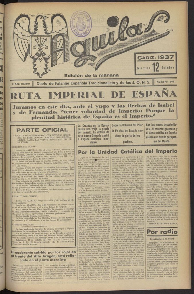 Miniatura de Águilas: Diario Nacional-Sindicalista del 12 de octubre de 1937, nº 268
