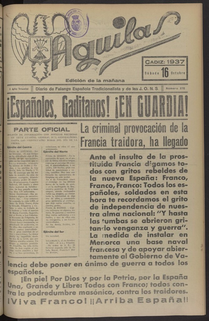 Miniatura de Águilas: Diario Nacional-Sindicalista del 16 de octubre de 1937, nº 272