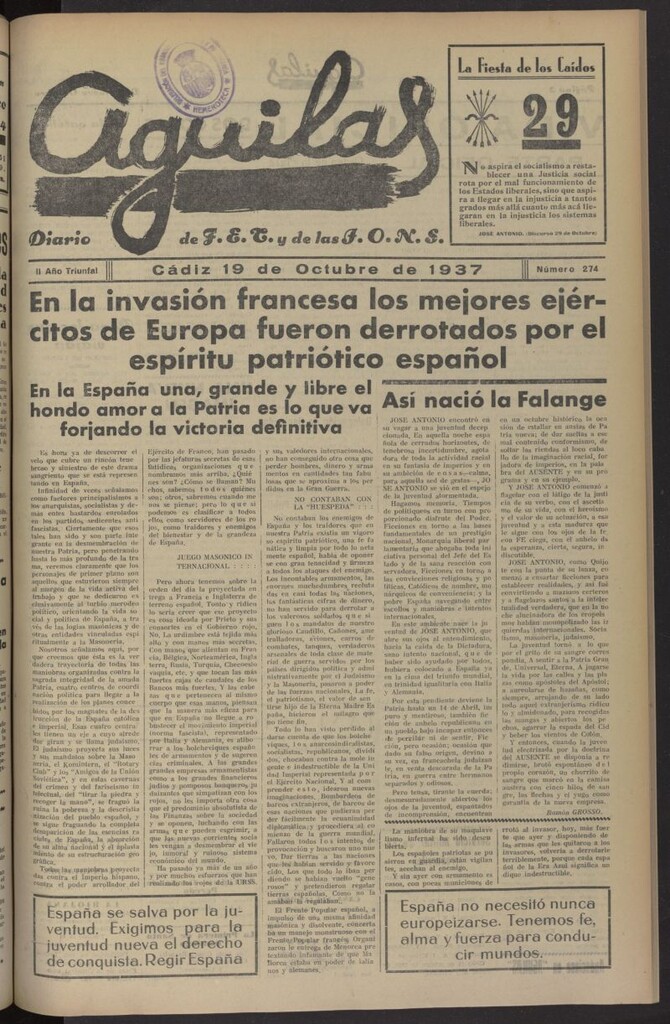 Miniatura de Águilas: Diario Nacional-Sindicalista del 19 de octubre de 1937, nº 274