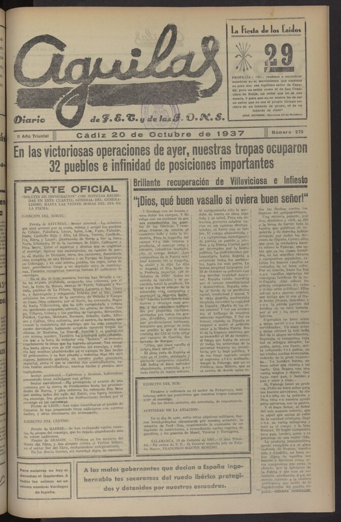 Miniatura de Águilas: Diario Nacional-Sindicalista del 20 de octubre de 1937, nº 275