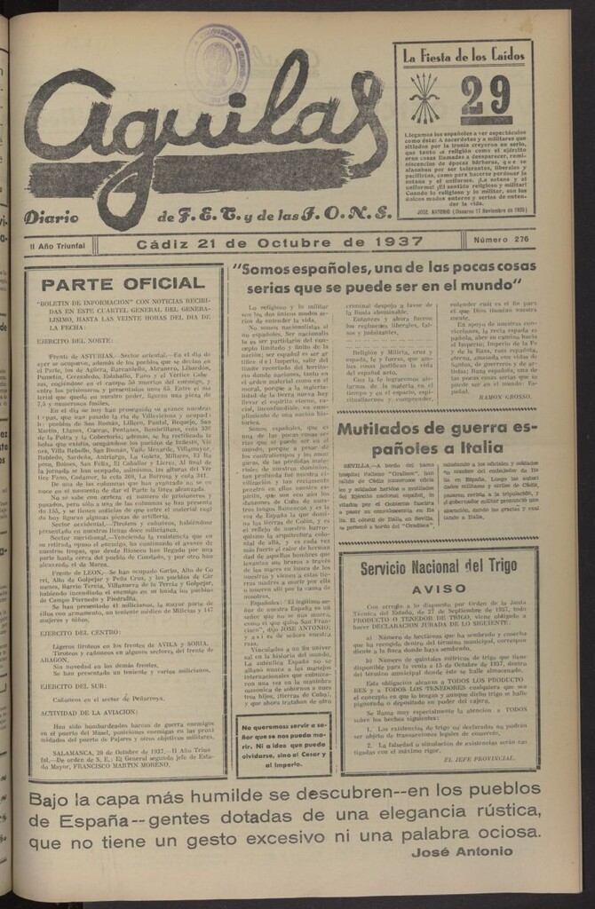 Miniatura de Águilas: Diario Nacional-Sindicalista del 21 de octubre de 1937, nº 276