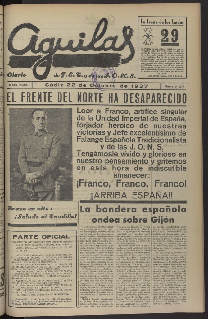 Miniatura de Águilas: Diario Nacional-Sindicalista del 22 de octubre de 1937, nº 277