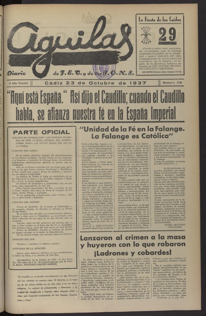 Miniatura de Águilas: Diario Nacional-Sindicalista del 23 de octubre de 1937, nº 278