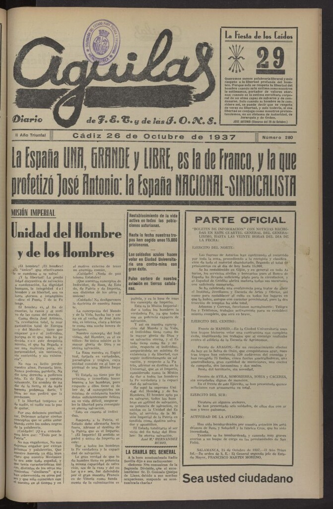 Miniatura de Águilas: Diario Nacional-Sindicalista del 26 de octubre de 1937, nº 280