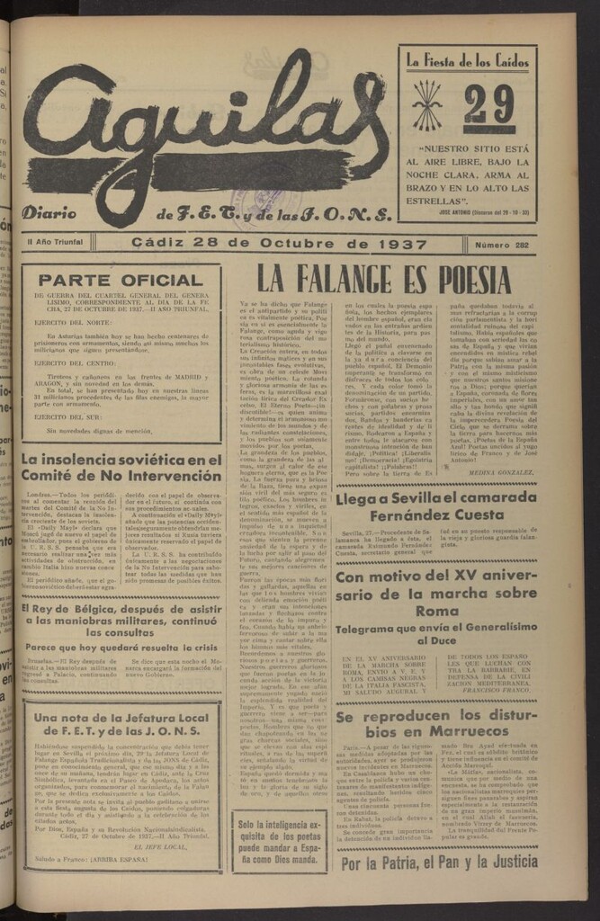 Miniatura de Águilas: Diario Nacional-Sindicalista del 28 de octubre de 1937, nº 282