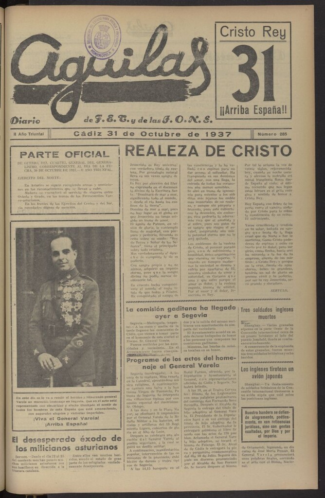 Miniatura de Águilas: Diario Nacional-Sindicalista del 31 de octubre de 1937, nº 285