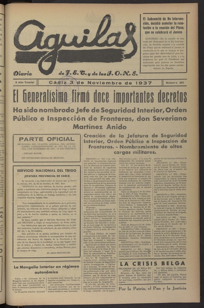 Miniatura de Águilas: Diario Nacional-Sindicalista del 3 de noviembre de 1937, nº 287