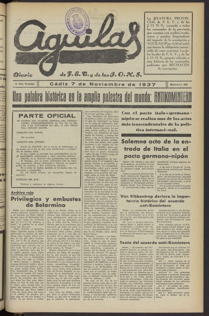Miniatura de Águilas: Diario Nacional-Sindicalista del 7 de noviembre de 1937, nº 291