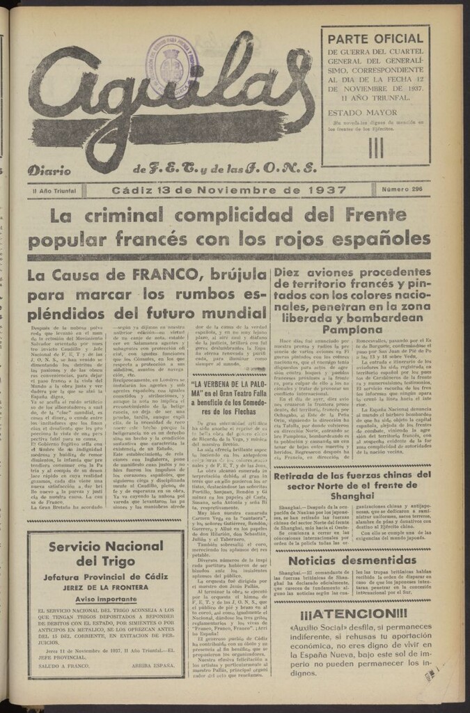 Miniatura de Águilas: Diario Nacional-Sindicalista del 13 de noviembre de 1937, nº 296